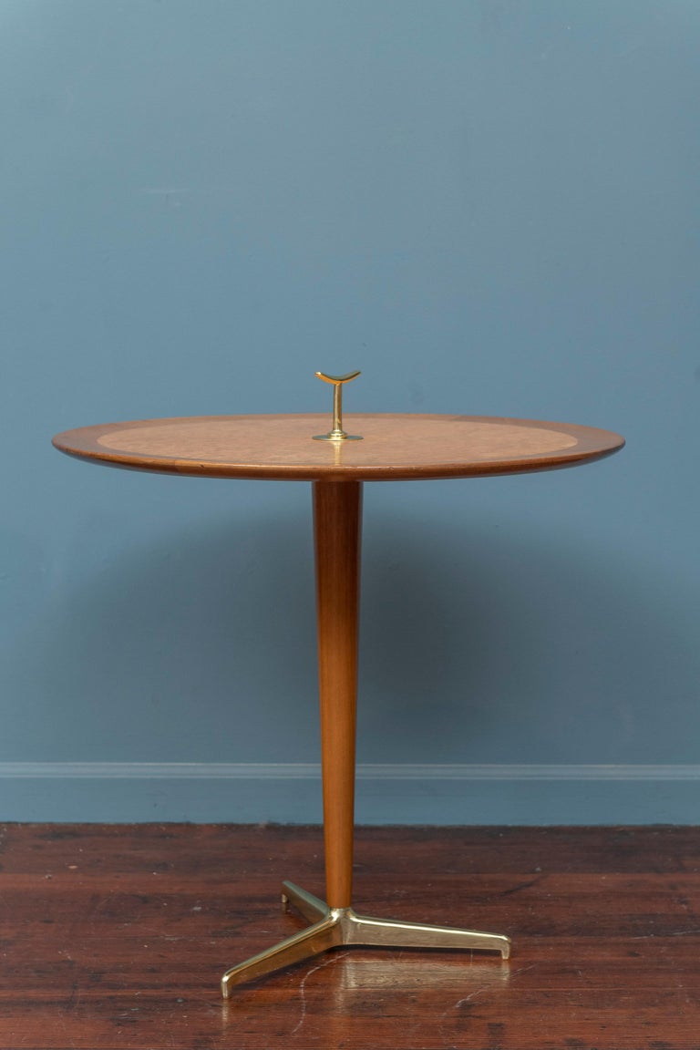 Edward Wormley design snack table for Dunbar furniture co. Berne Indiana. A versatile table that can be used as a side, corner or serving table. 
Made from the highest quality materials and construction, made to order using brass, mahogany and burl