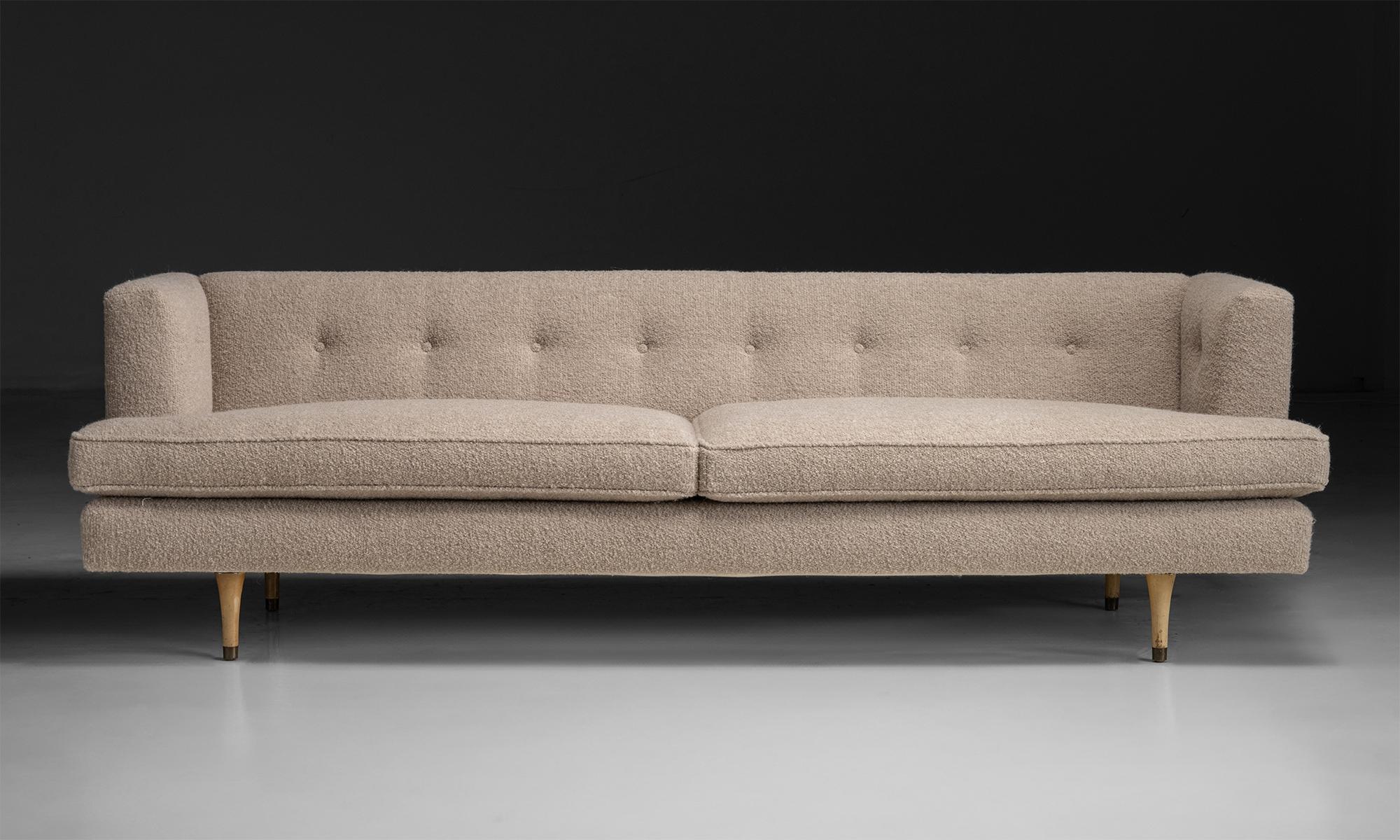 Edward Wormley Sofa in Rosemary Hallgarten Boucle
America circa 1950
Produced by Dunbar, newly upholstered in alpaca boucle.
96”L x 32.25”d x 28”h x 18”seat
Ref. SOFA276
$ 8,200