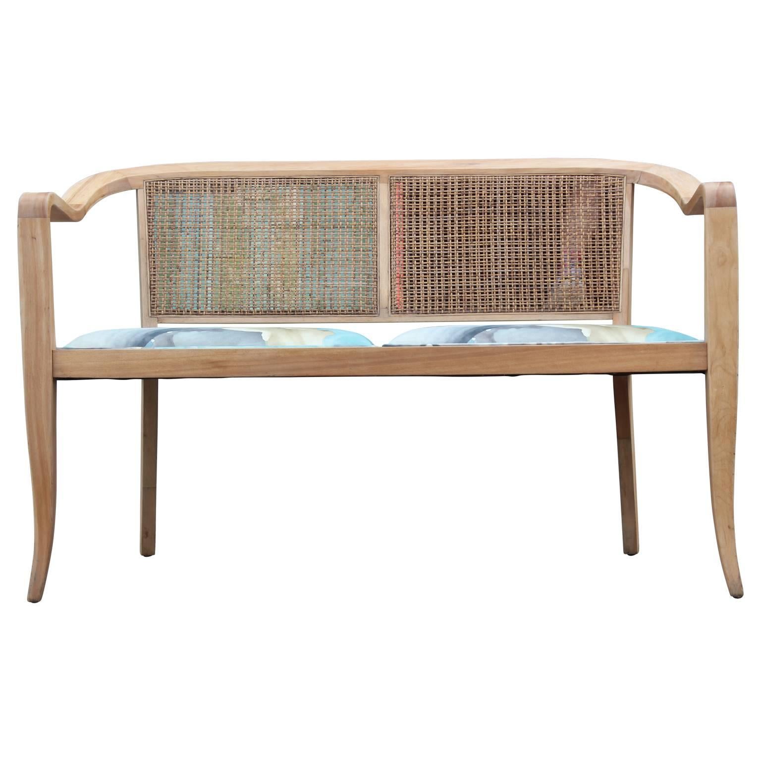 Mid-Century Modern Edward Wormley Style Bench with Bleached Wood and Cane Back
