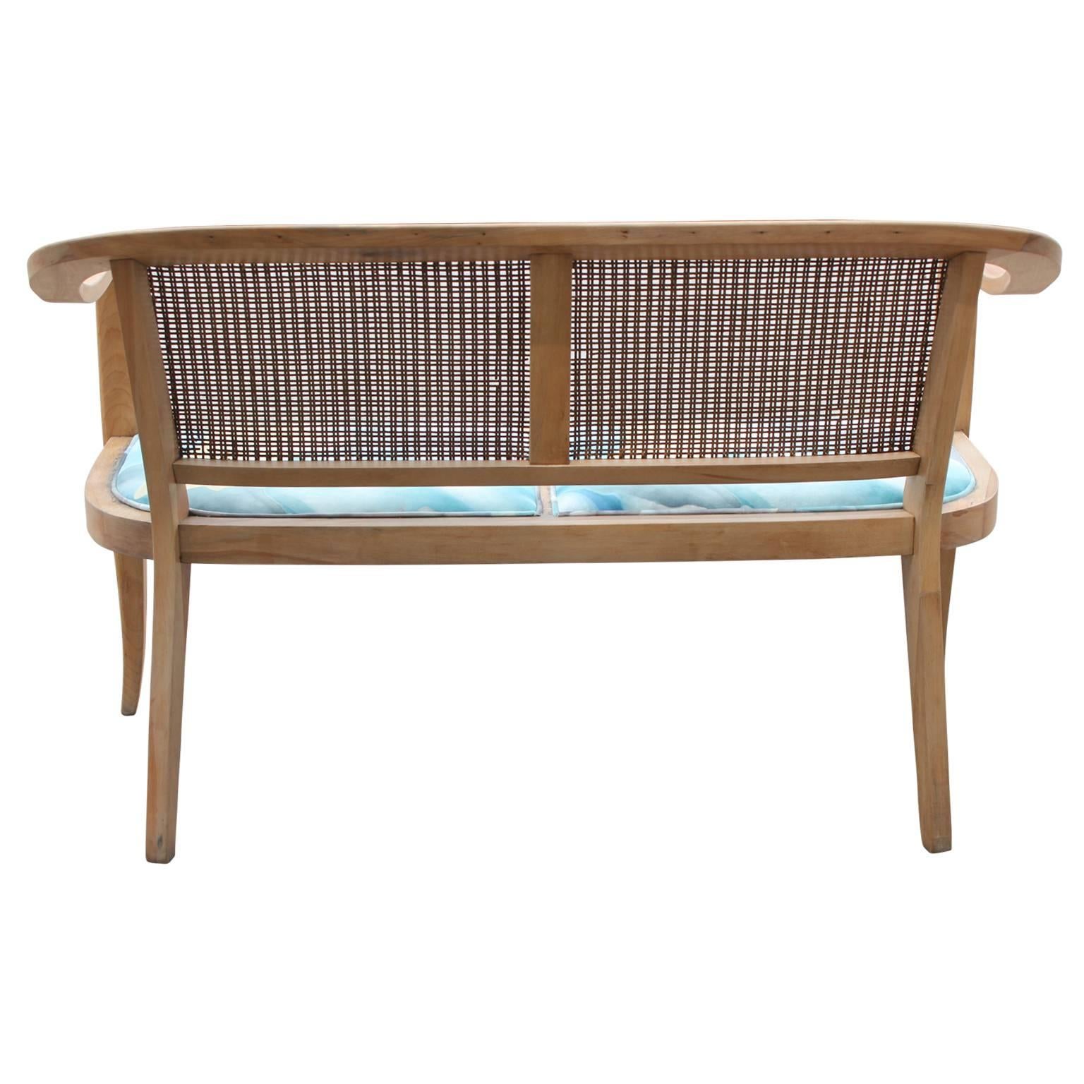 Fabric Edward Wormley Style Bench with Bleached Wood and Cane Back