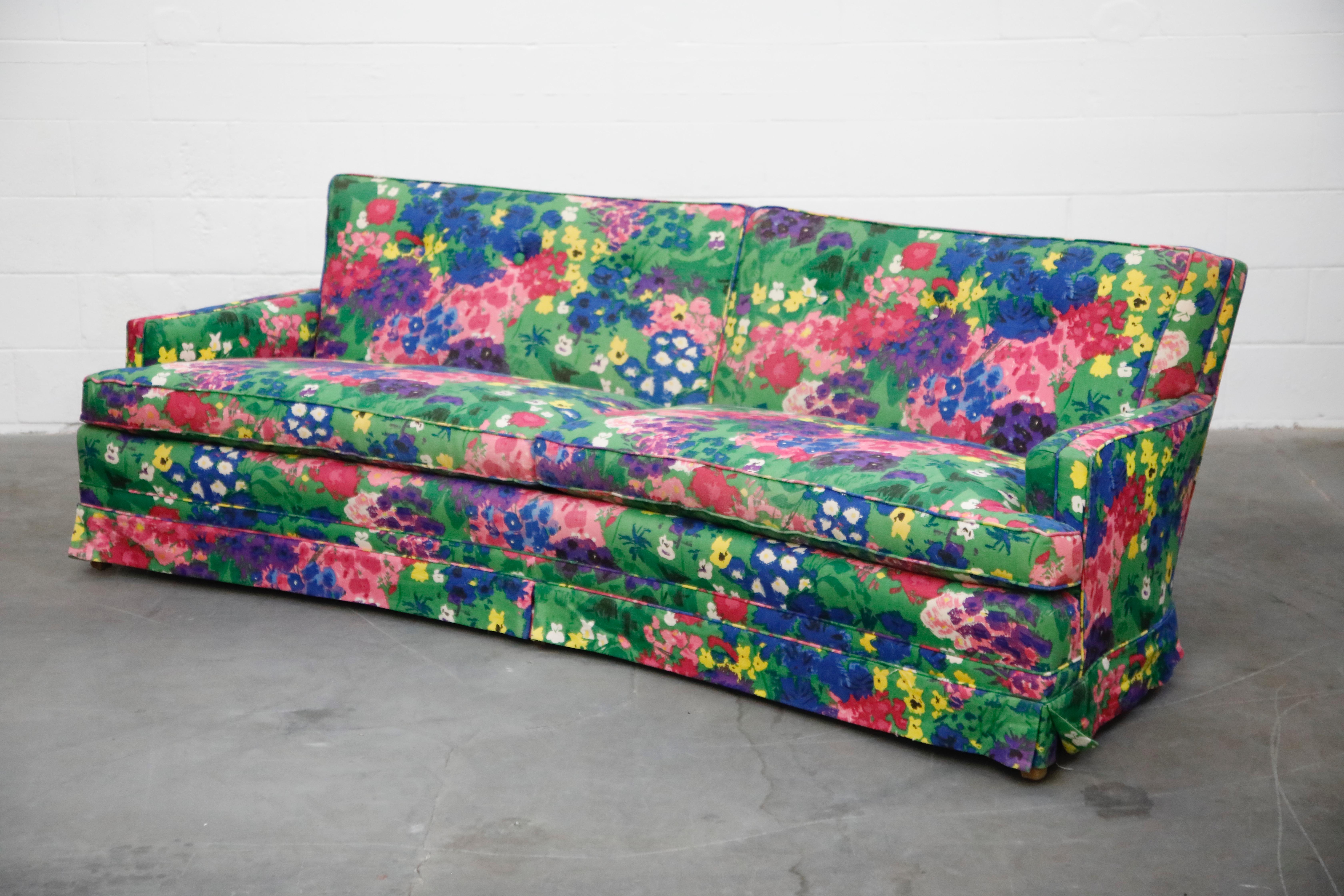 American Edward Wormley Style Curved Sofa with Jack Lenor Larsen Style Fabric, circa 1970