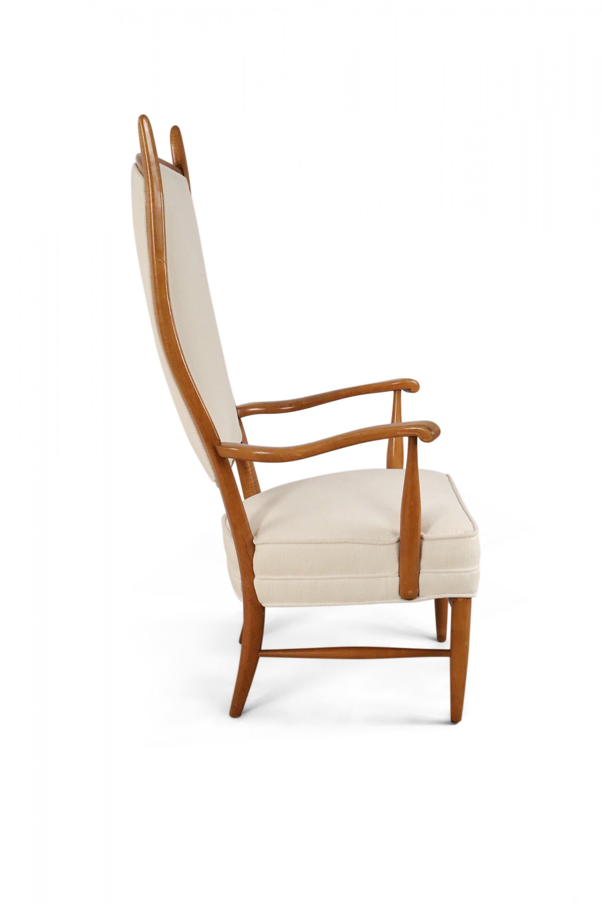 Edward Wormley Style Midcentury High Back Beige Upholstered Maple Armchair In Good Condition For Sale In New York, NY