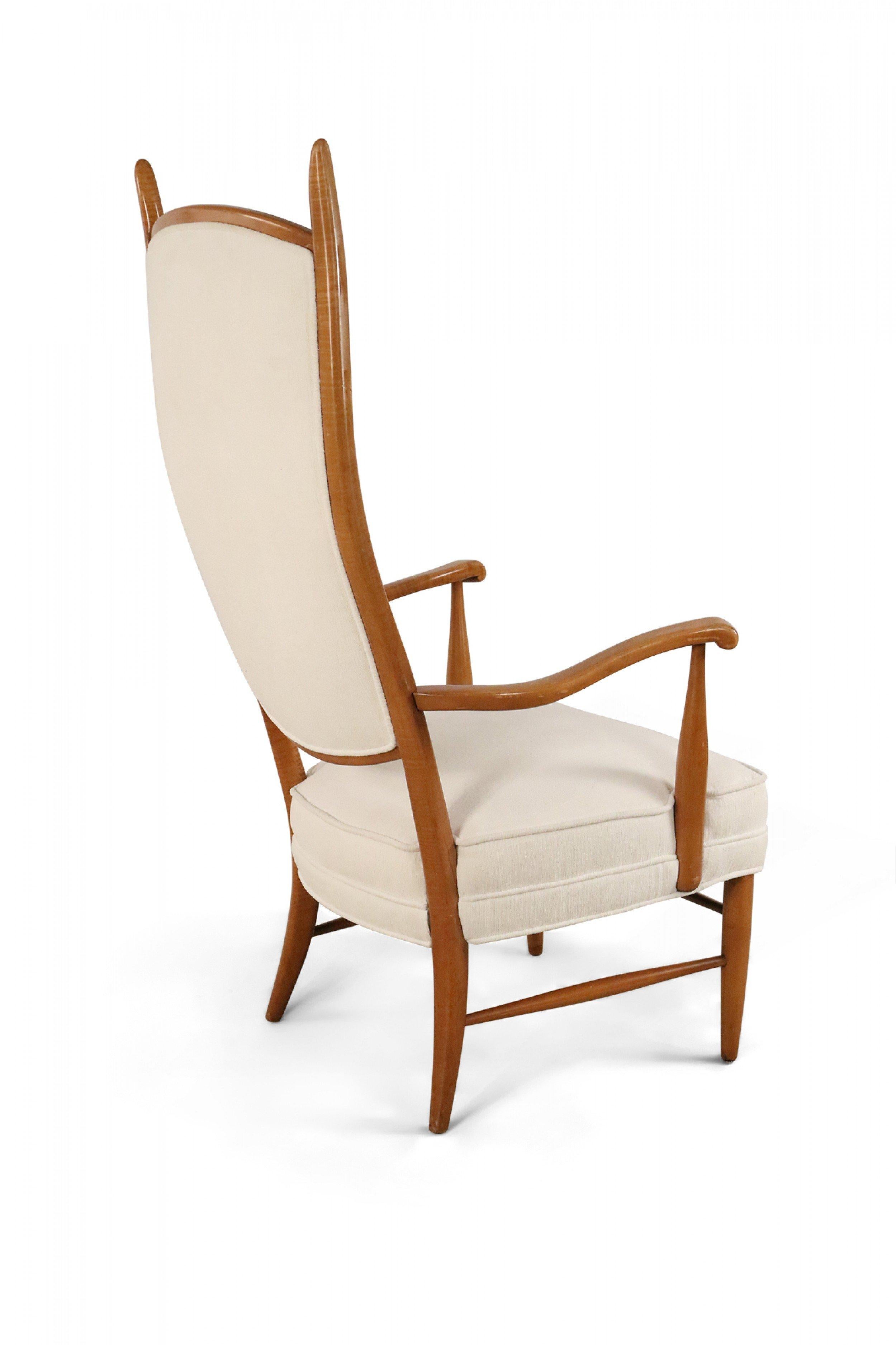 20th Century Edward Wormley Style Midcentury High Back Beige Upholstered Maple Armchair For Sale