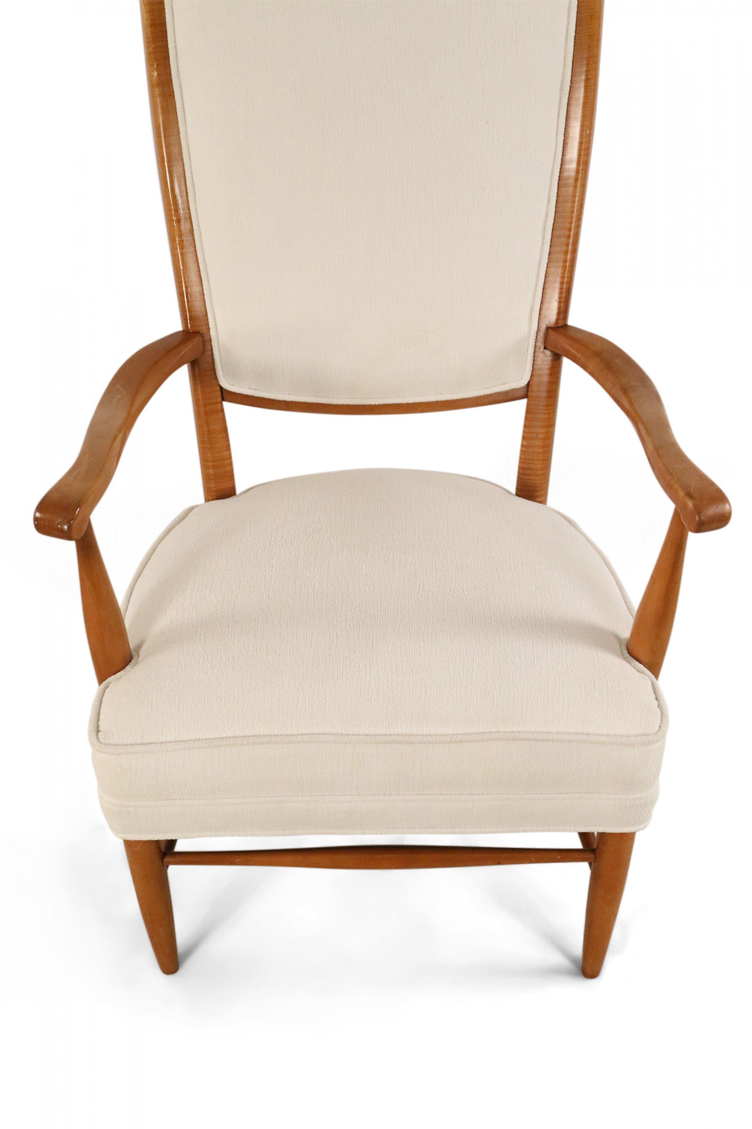 Edward Wormley Style Midcentury High Back Beige Upholstered Maple Armchair For Sale 4