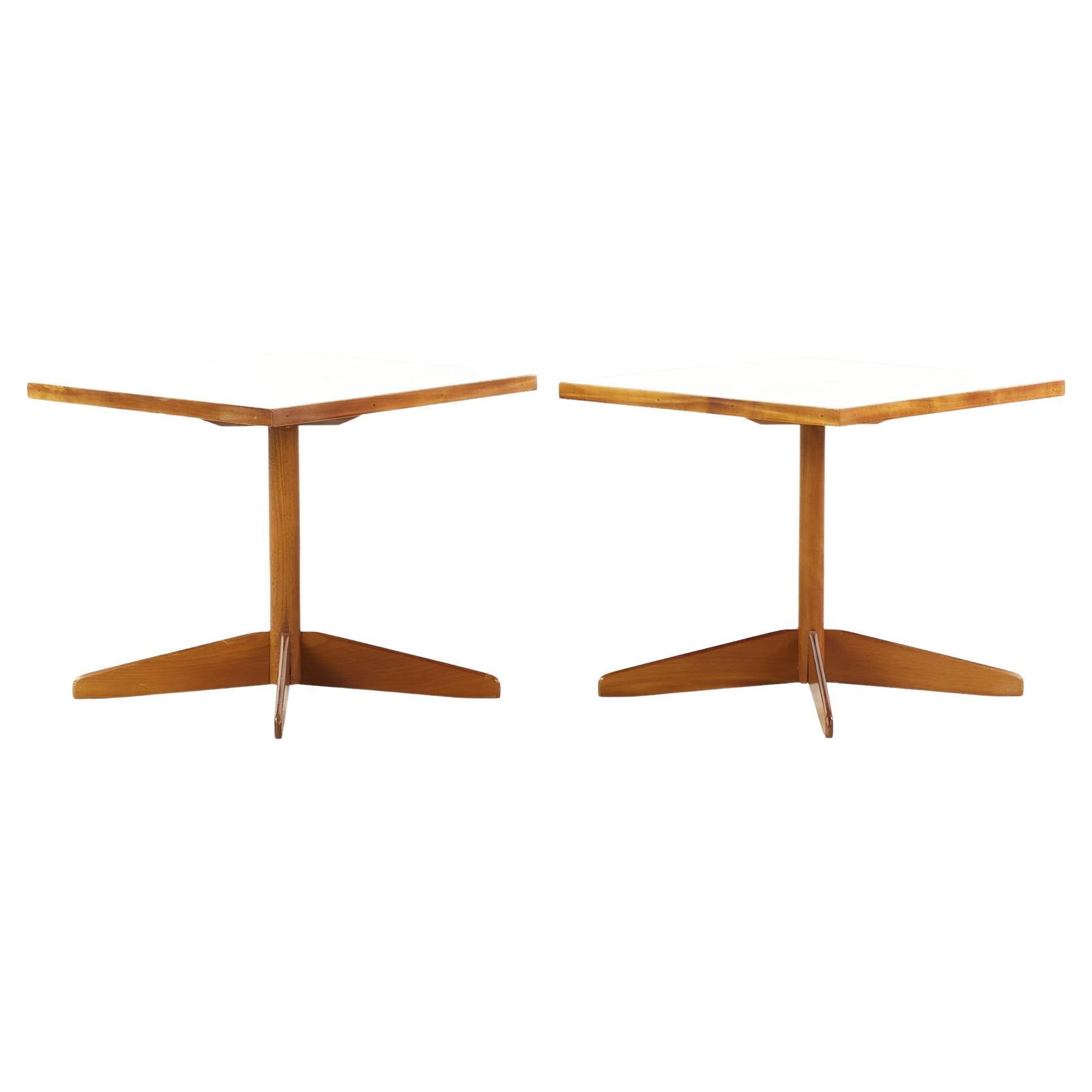Edward Wormley Style Mid-Century Walnut and White Laminate End Tables, Pair For Sale