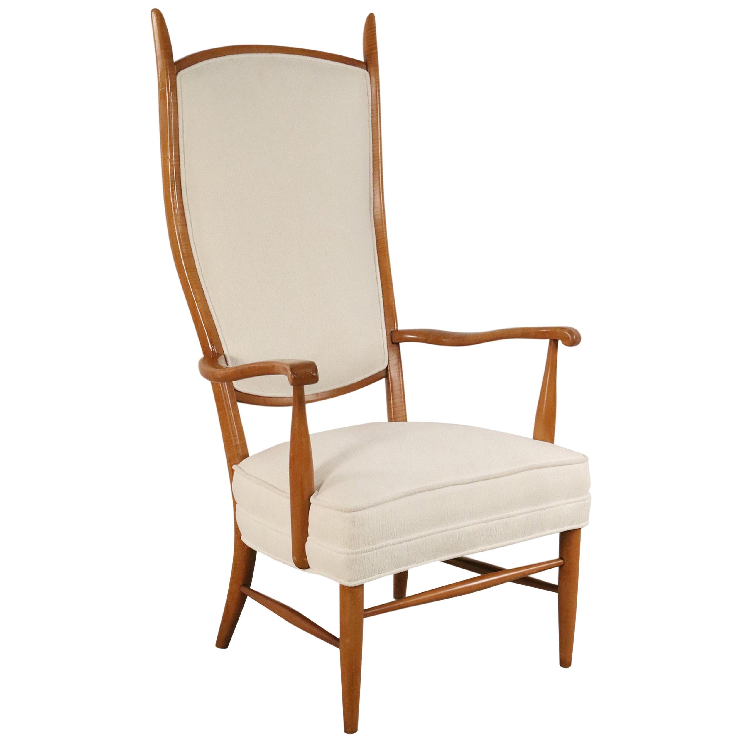 Edward Wormley Style Midcentury High Back Beige Upholstered Maple Armchair For Sale