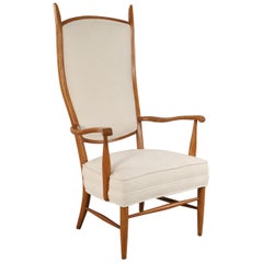 Edward Wormley Style Midcentury High Back Beige Upholstered Maple Armchair