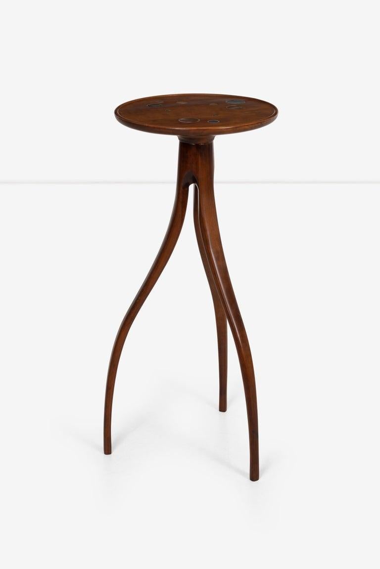 Edward Wormley style splayed leg drink table, solid walnut wood with small round ceramic tiles on surface.