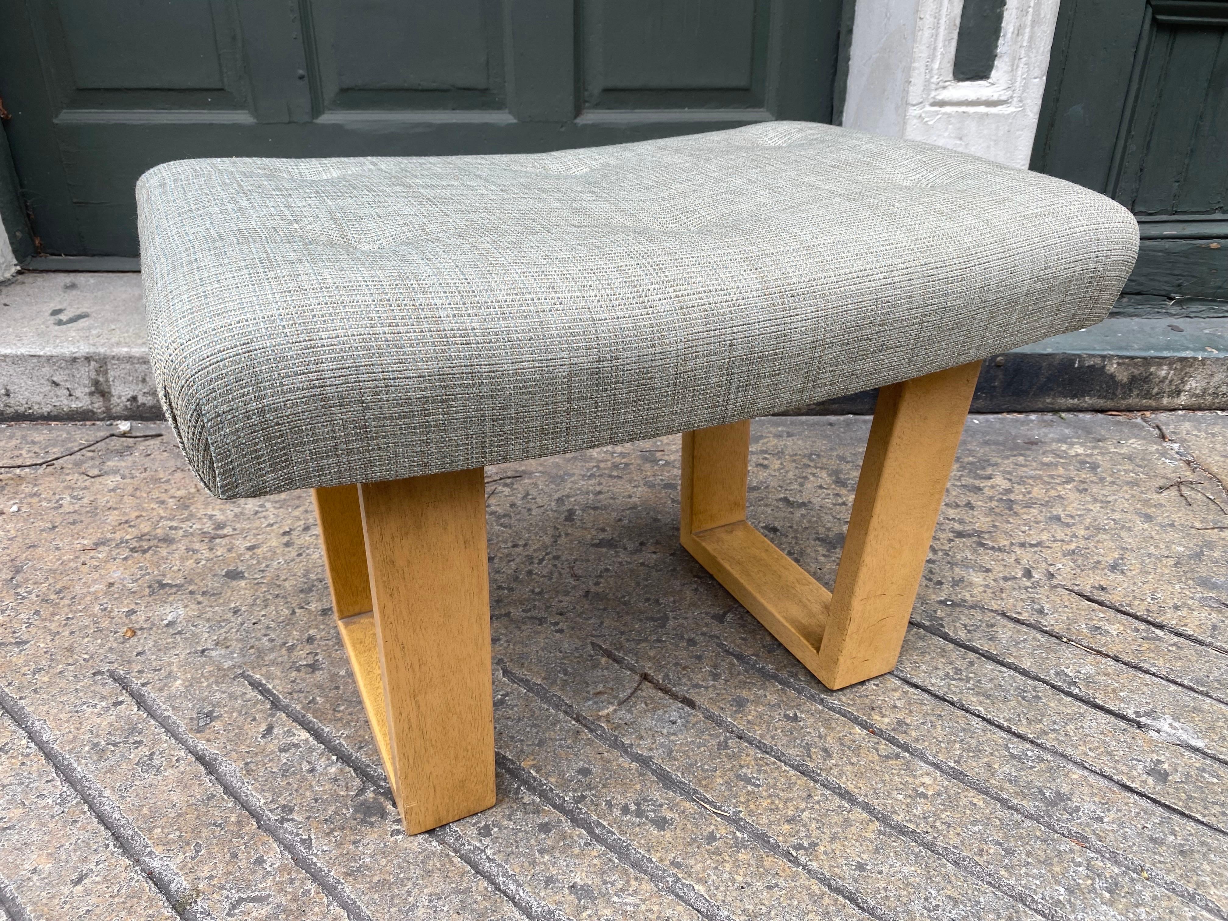 Small scale bench or ottoman with bleached mahogany Sled like legs. Edward Wormley style design. Very solid and newly reupholstered!