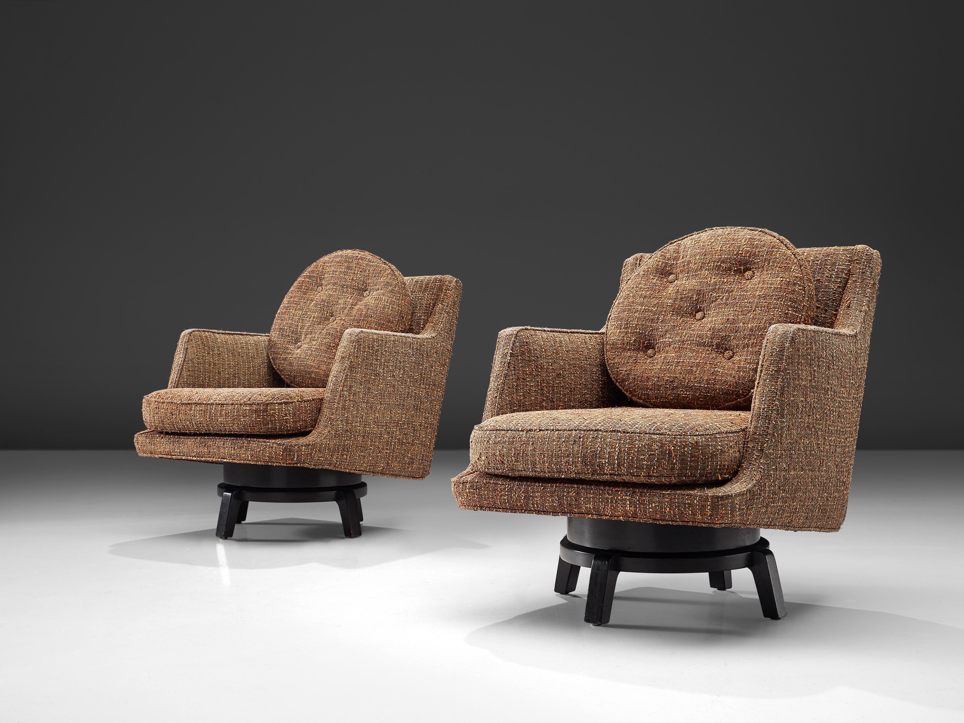 20th Century Edward Wormley Swivel Chairs Model '5609' in Mahogany and Fabric Upholstery
