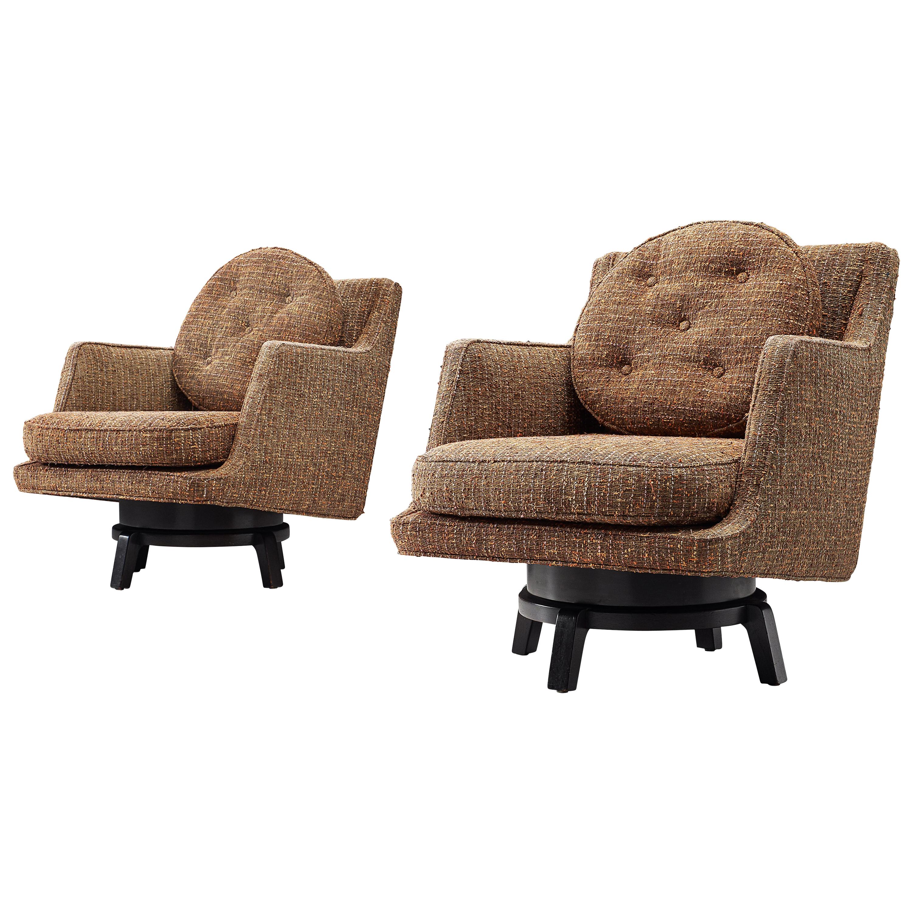 Edward Wormley Swivel Chairs Model '5609' in Mahogany and Fabric Upholstery