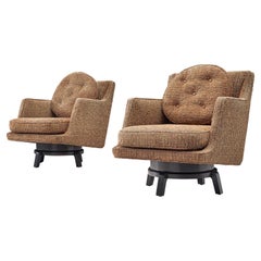 Retro Edward Wormley Pair of Swivel Chairs in Mahogany and Patterned Upholstery