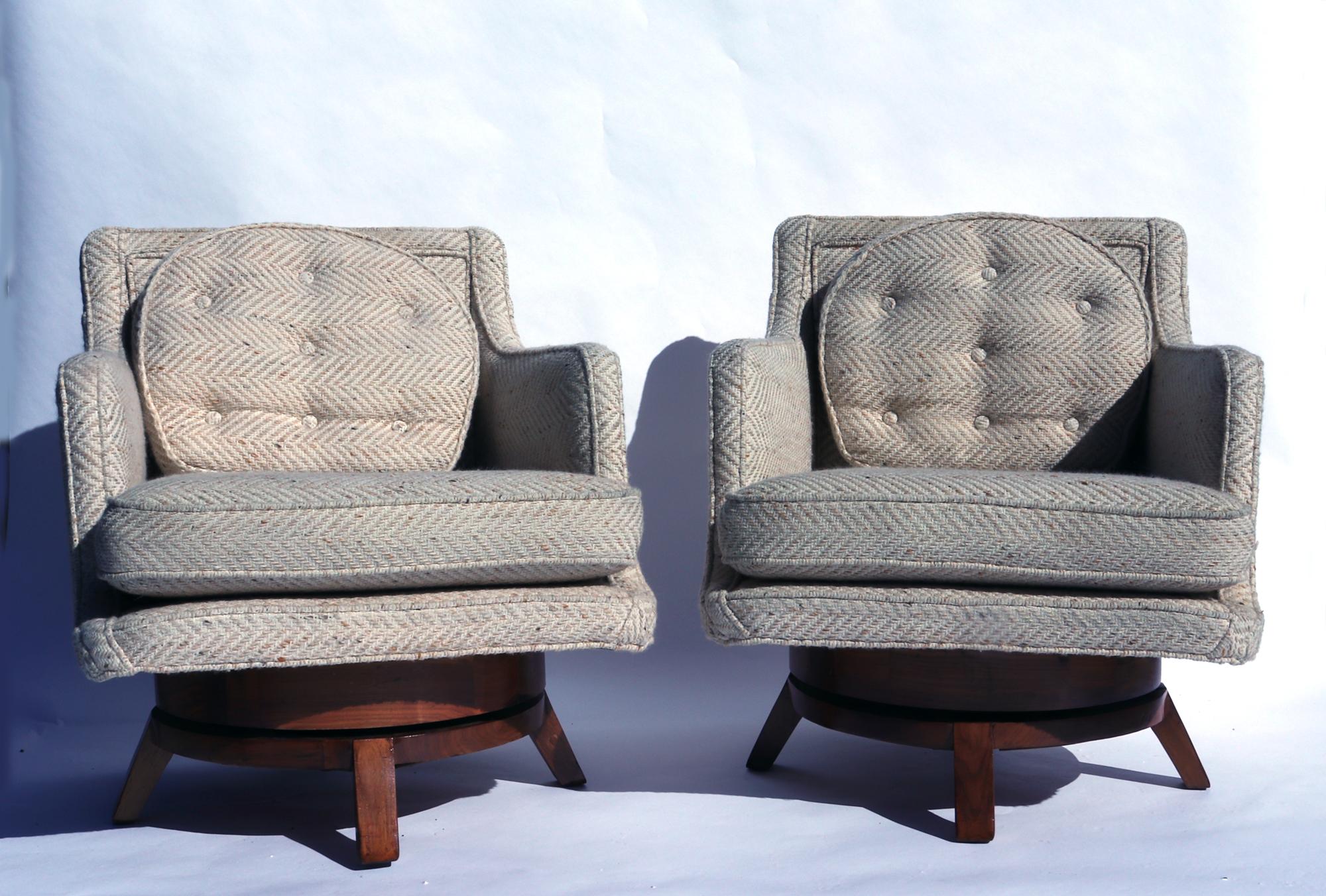 Edward Wormley Swivel Lounge Chairs, Dunbar Model 5609,
Distinctive Design by a Mid-Century Modern Master
 (1950s-1960s)

This elegant pair of swivel lounge chairs exemplifies the enduring style of Edward Wormley for Dunbar. Crafted in the 1950s or