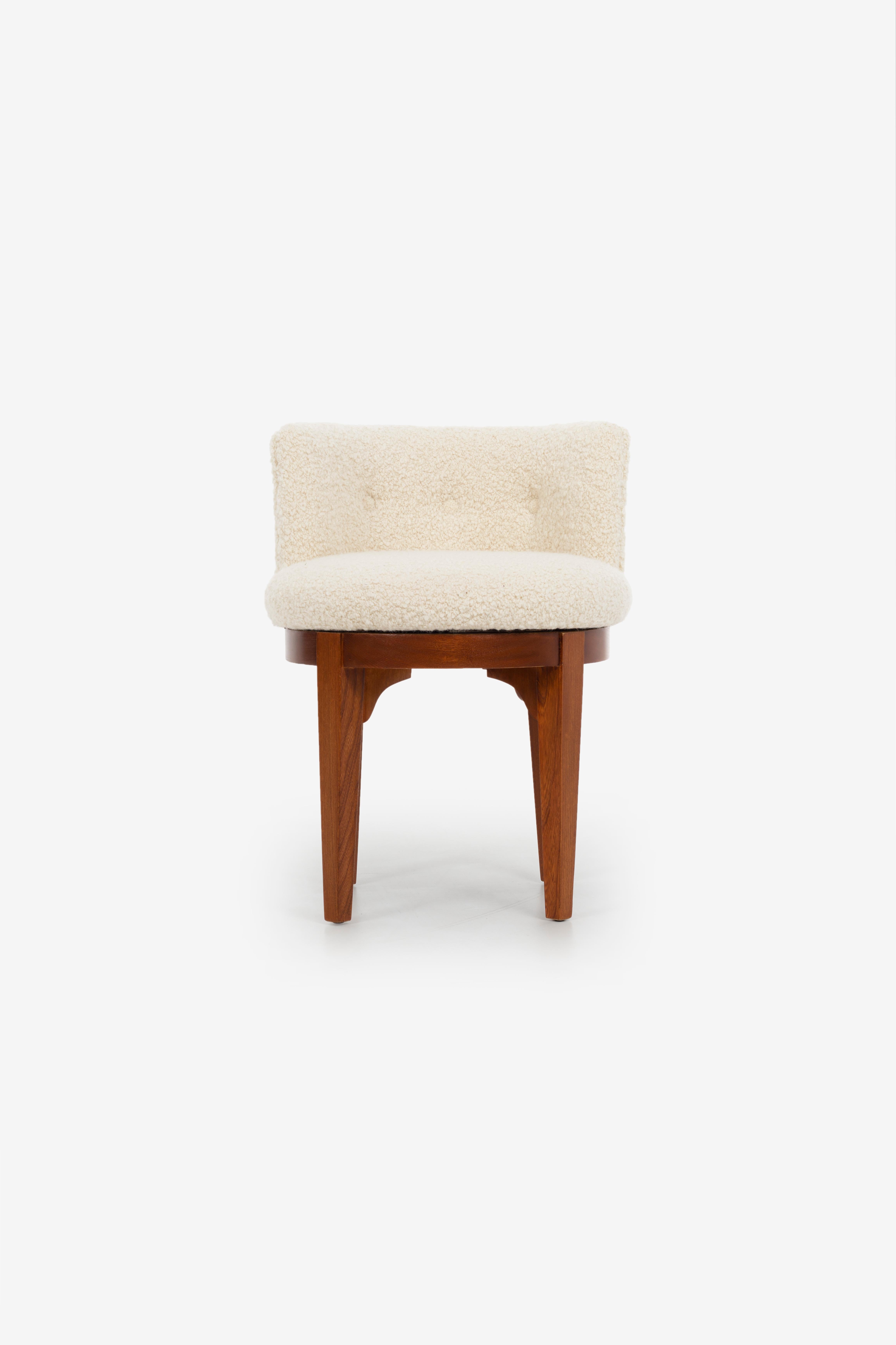Edward Wormley swivel vanity stool for Drexel, reupholstered with great plains boucle, walnut base.
