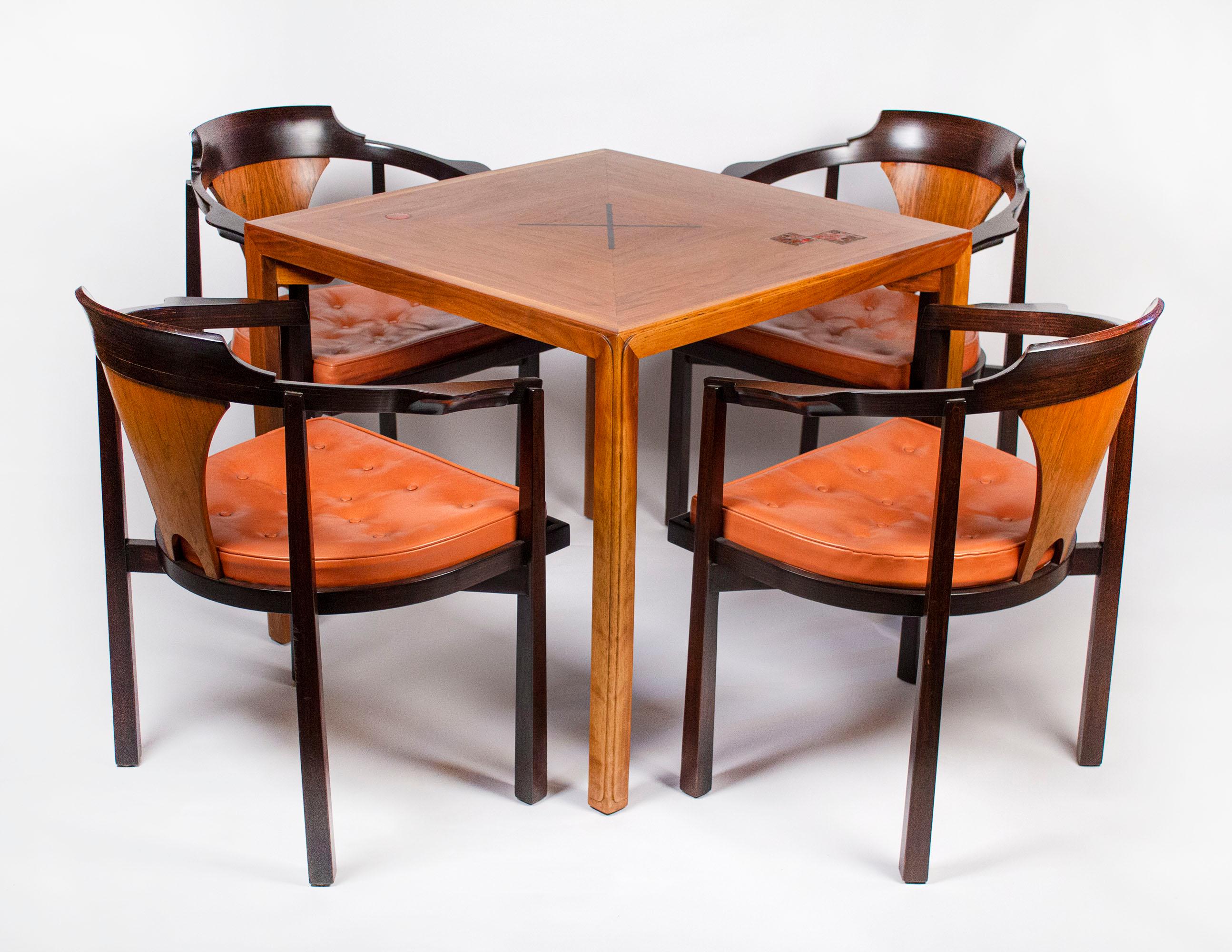 Occasional table & chairs designed by Edward Wormley for Dunbar with tiles by Gertrud & Otto Natzler. This set is in excellent original condition with the model #935 chairs crafted in rosewood & walnut with the original coordinating leather