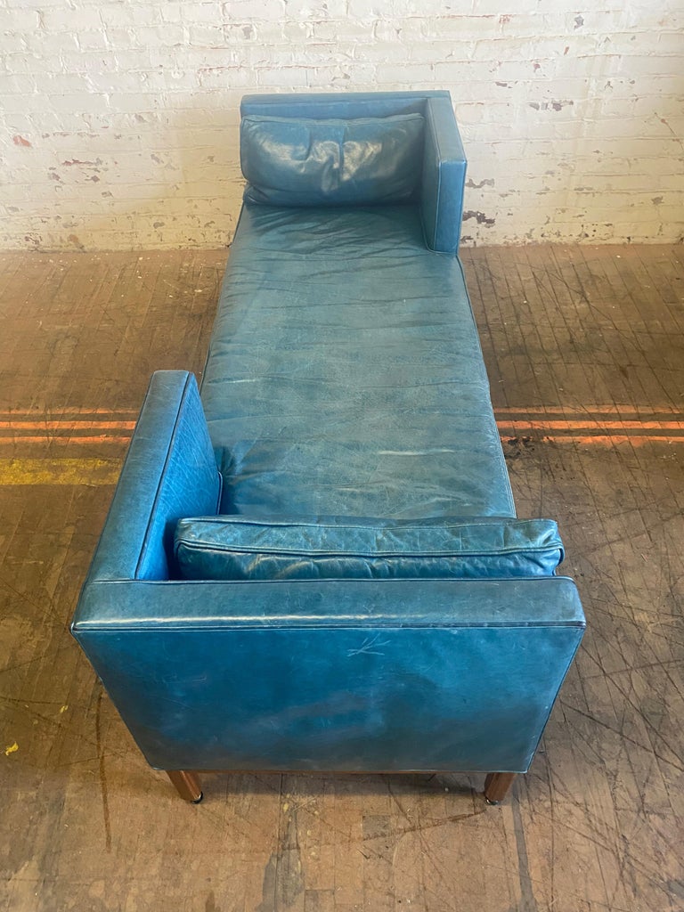 Mid-Century Modern Edward Wormley Tete-a-Tete Sofa for Dunbar in Blue Leather For Sale
