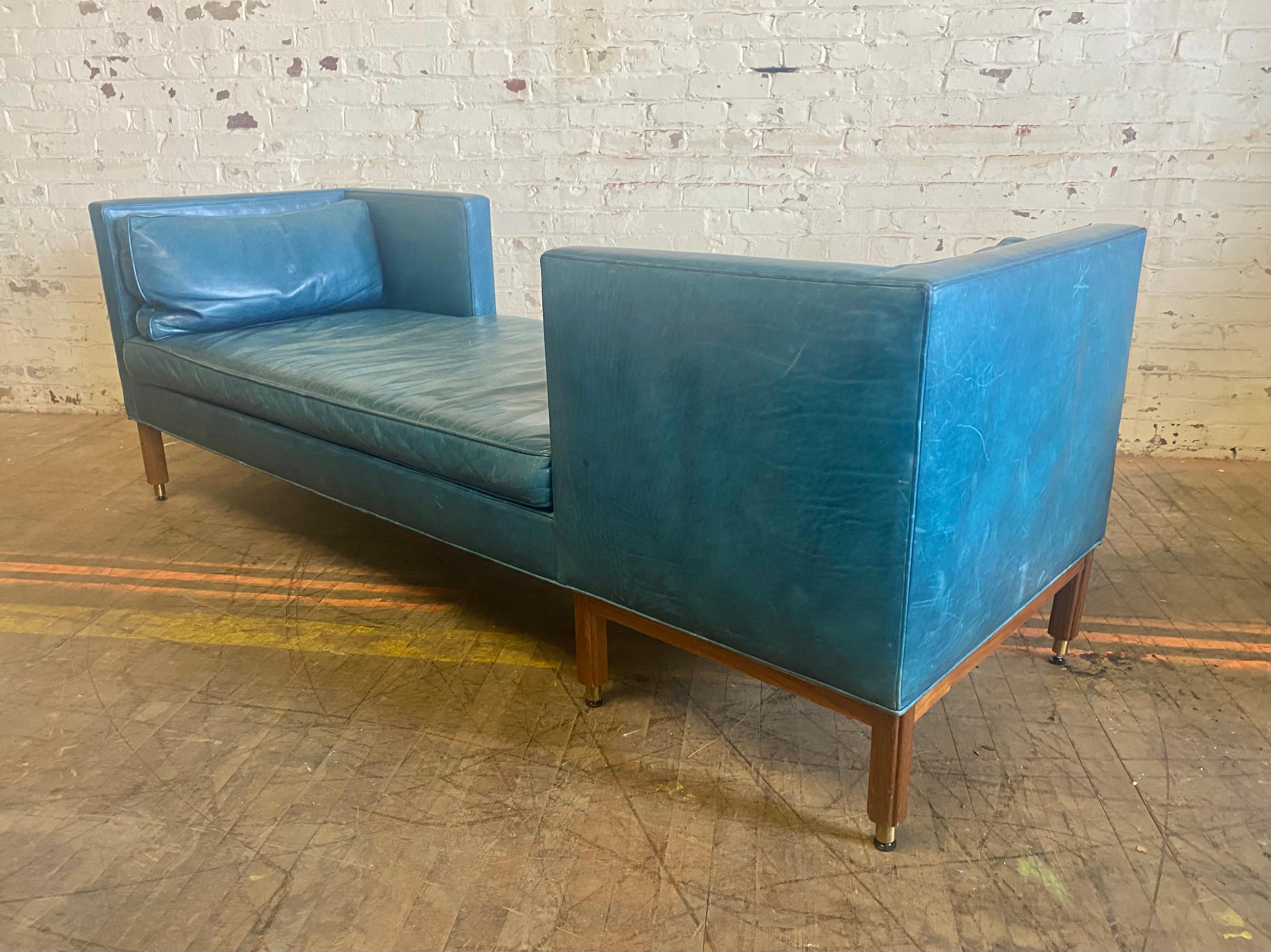 Mid-Century Modern Edward Wormley Tete-a-Tete Sofa for Dunbar in Blue Leather