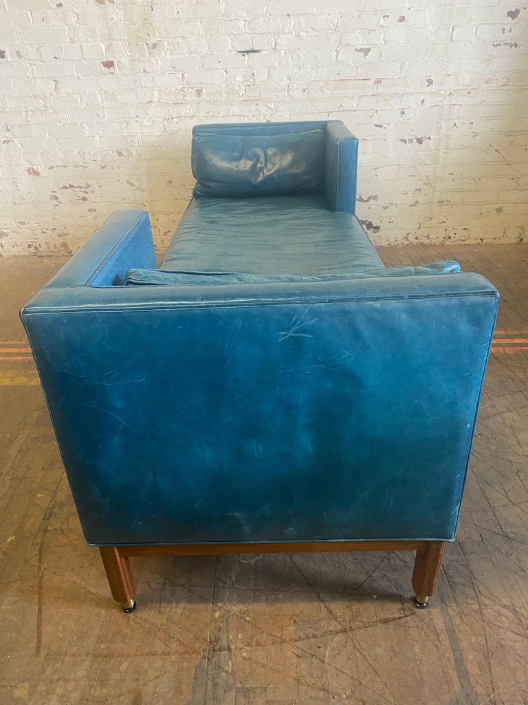 Contemporary Edward Wormley Tete-a-Tete Sofa for Dunbar in Blue Leather For Sale