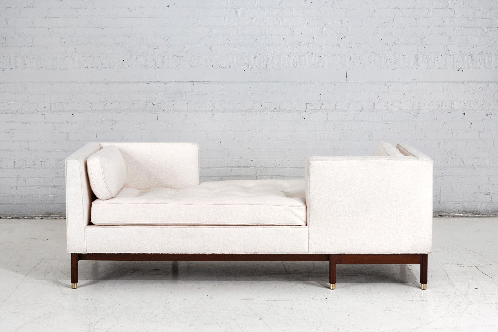 Edward Wormley Tete-a-Tete Sofa for Dunbar White Boucle, 1950.  Restored and reupholstered in white boucle. Mahogany legs with brass feet.