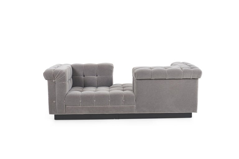 Wormley for Dunbar Tete-e-Tete sofa, tufted reupholstered with great plains mohair on plinth base.
(metal 