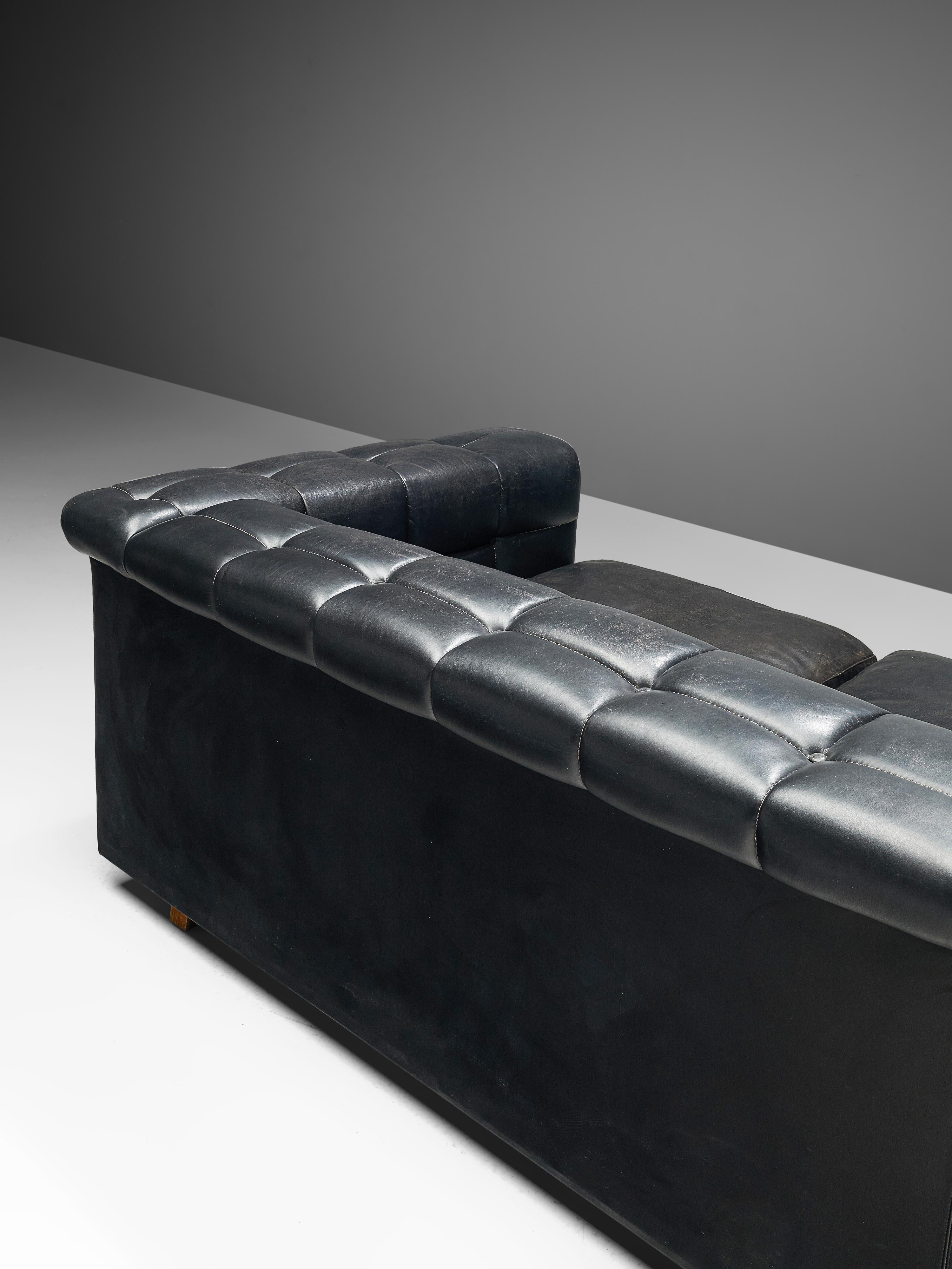 Edward Wormley Tufted Four-Seat Sofa in Black Leather 3