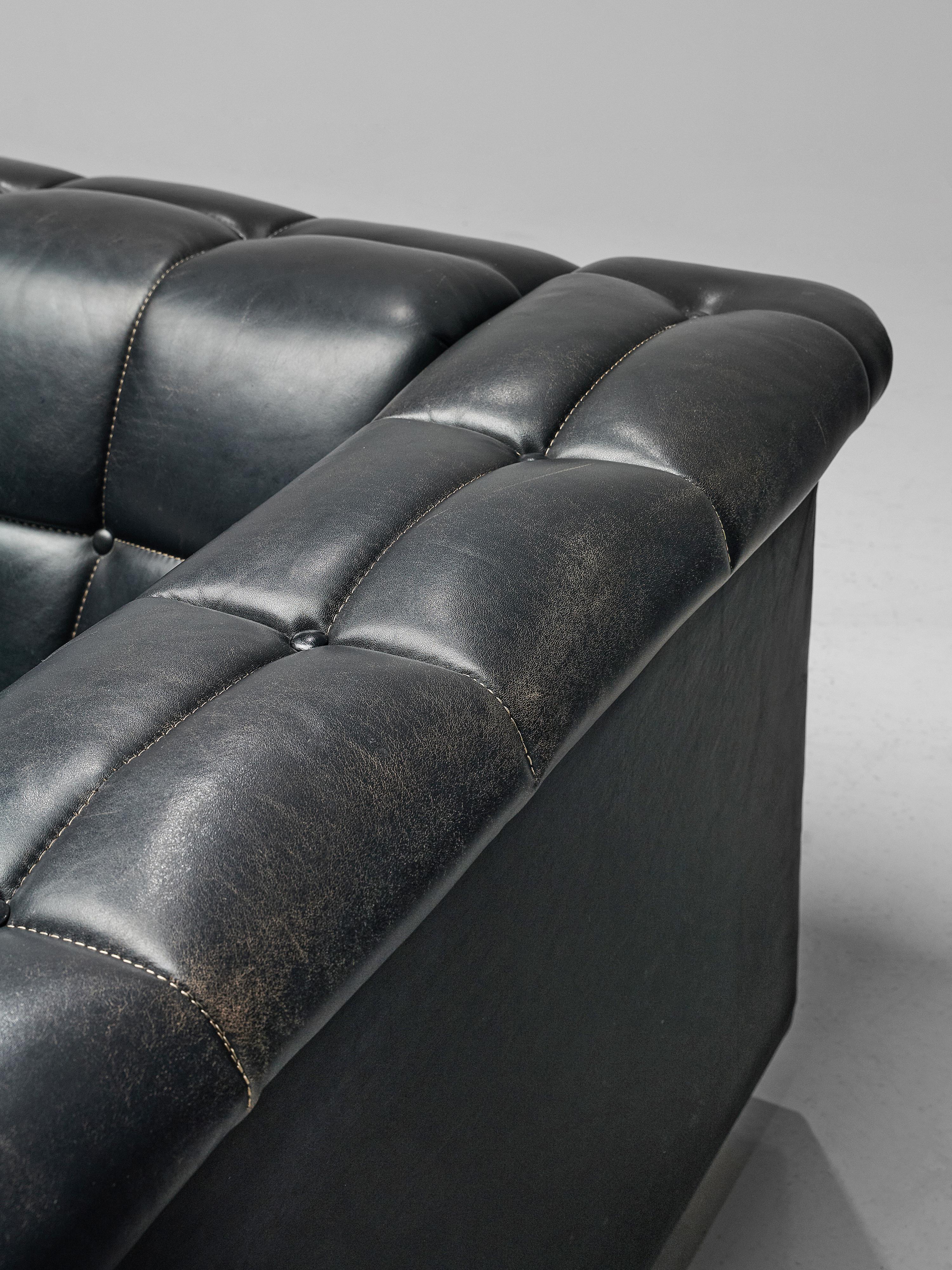 Mid-Century Modern Edward Wormley Tufted Four-Seat Sofa in Black Leather