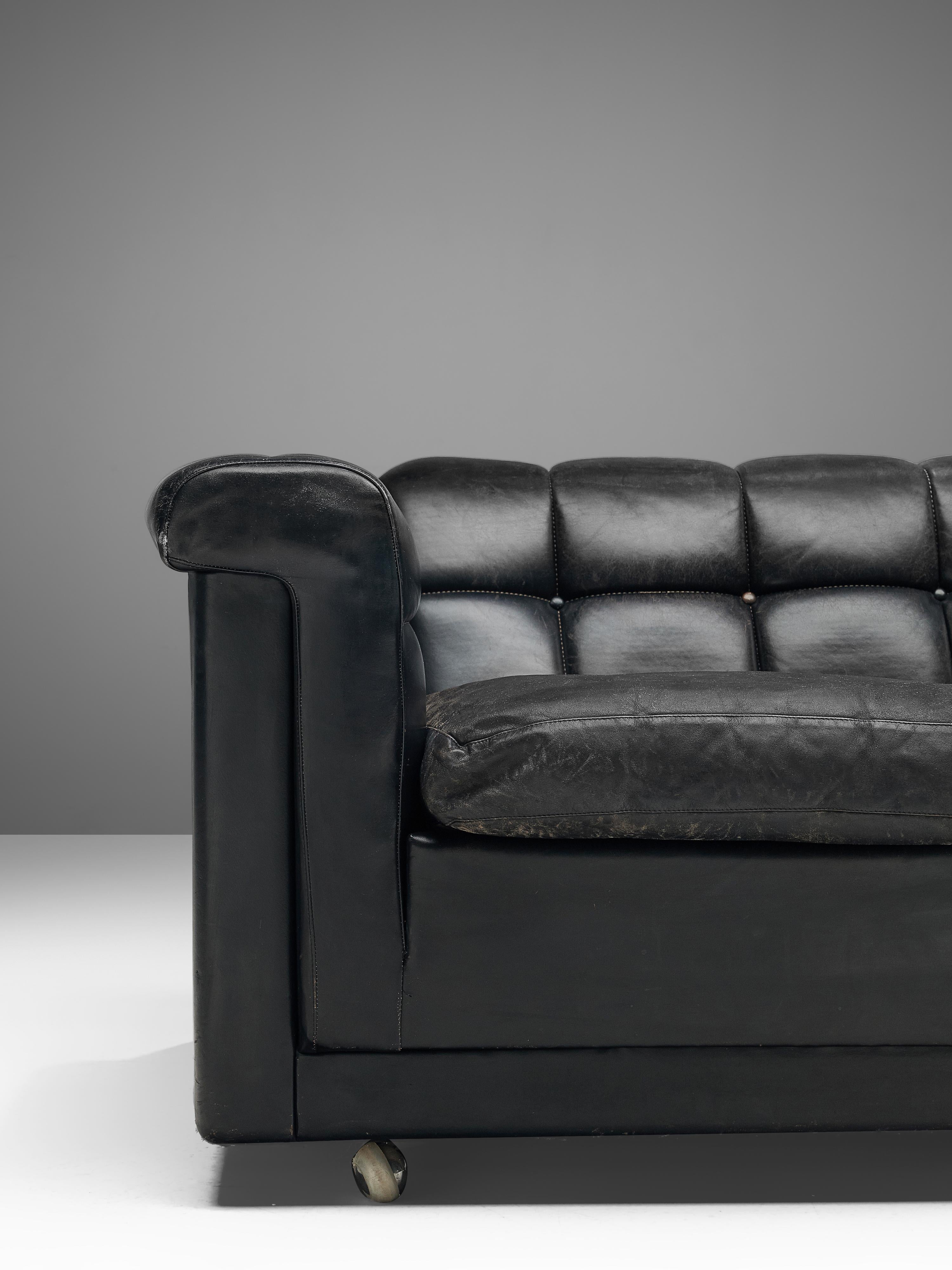 American Edward Wormley Tufted Four-Seat Sofa in Black Leather