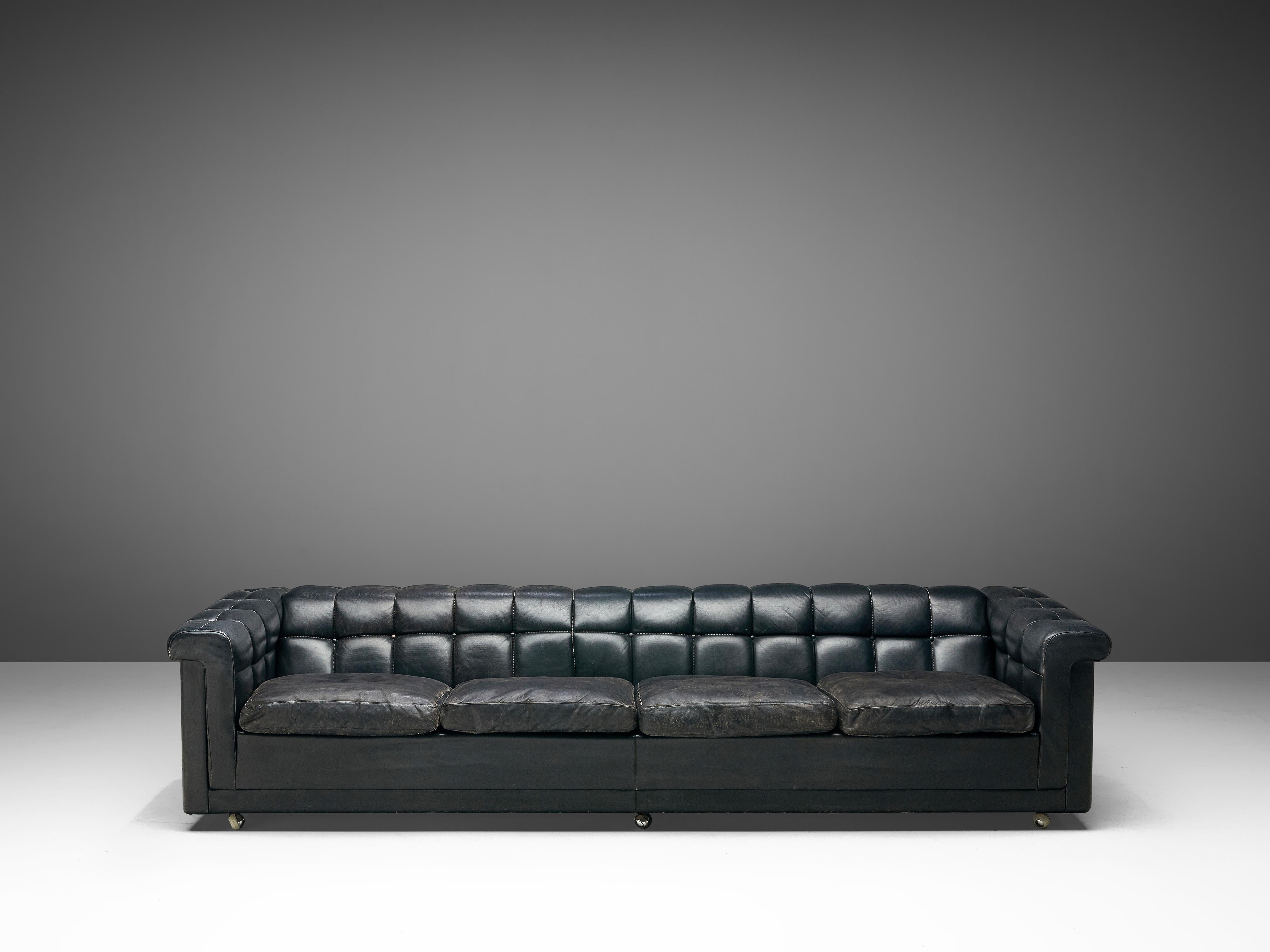 Edward Wormley Tufted Four-Seat Sofa in Black Leather In Good Condition In Waalwijk, NL