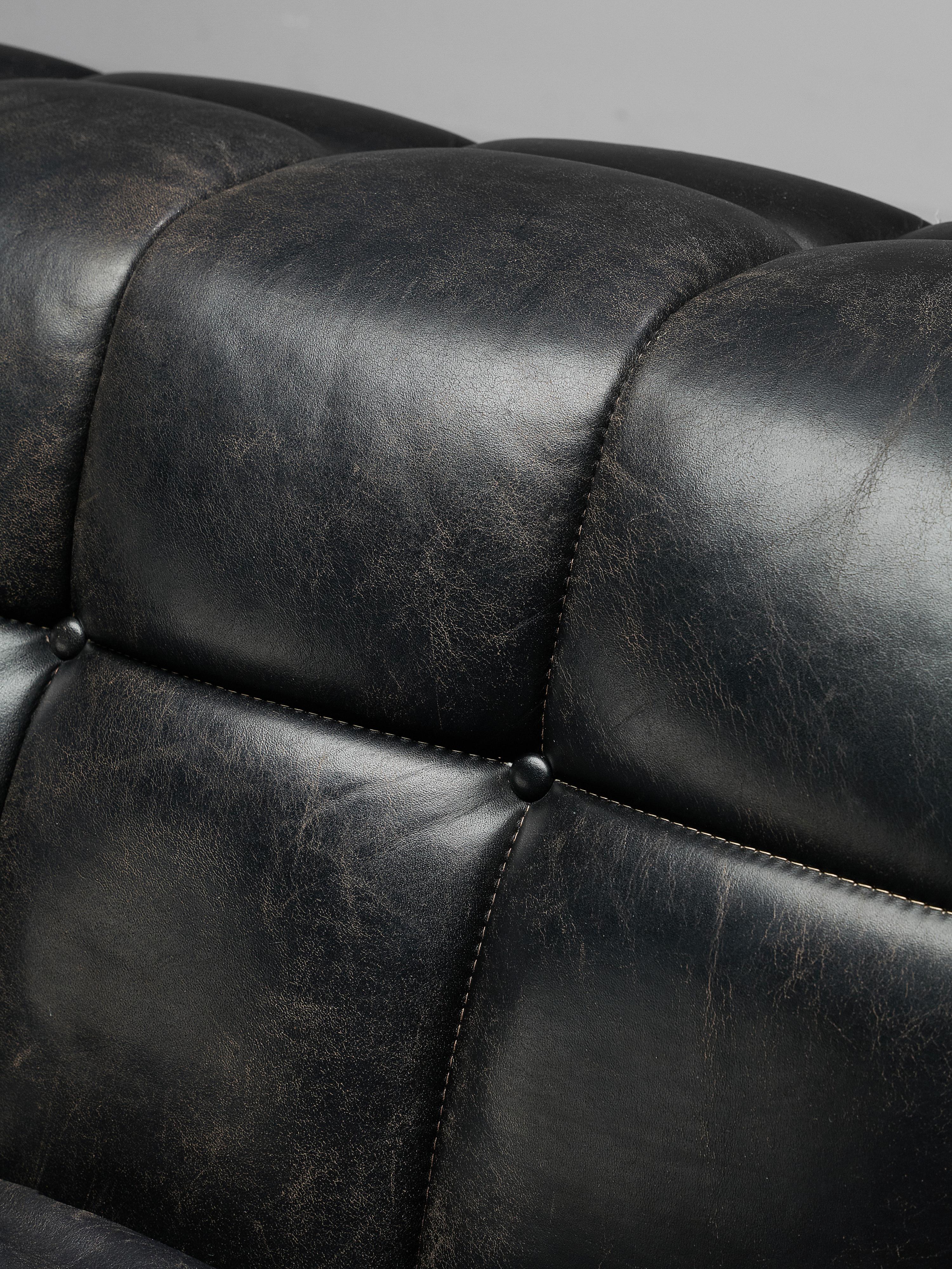 Metal Edward Wormley Tufted Four-Seat Sofa in Black Leather