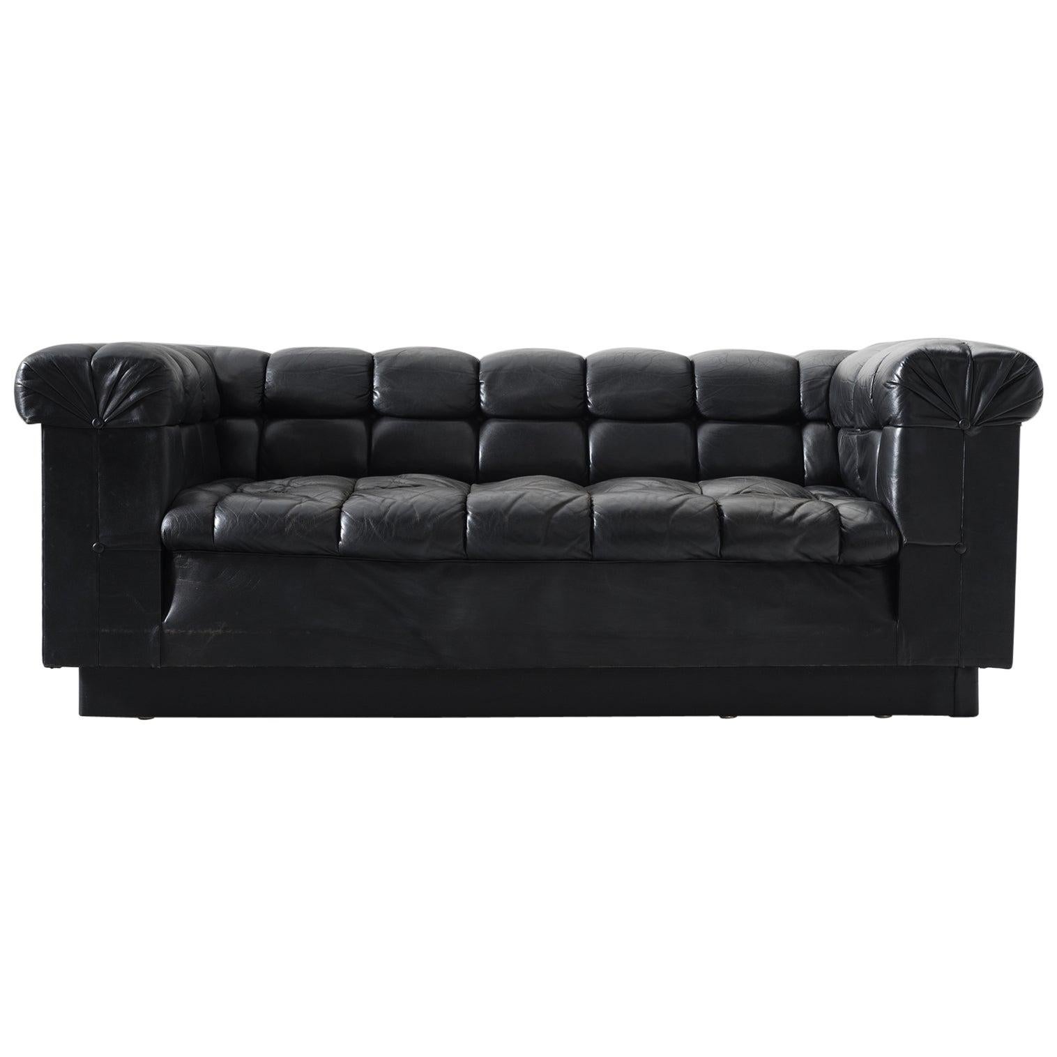 Edward Wormley Tufted Two-Seat Sofa in Black Leather