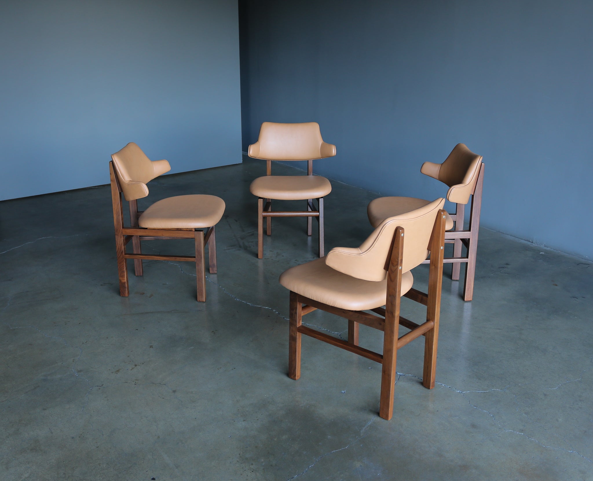 Edward Wormley walnut & leather model 675 dining chairs for Dunbar, circa 1955. This set has been expertly restored.