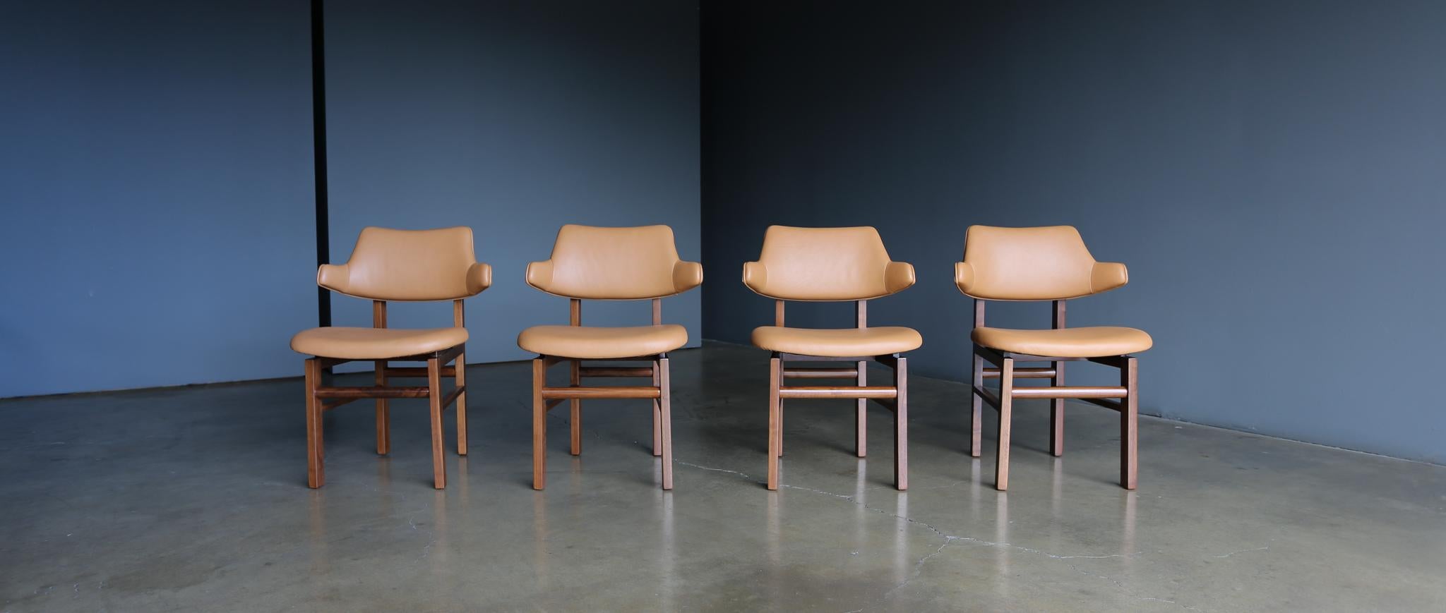 Mid-Century Modern Edward Wormley Walnut and Leather Model 675 Dining Chairs for Dunbar, circa 1955