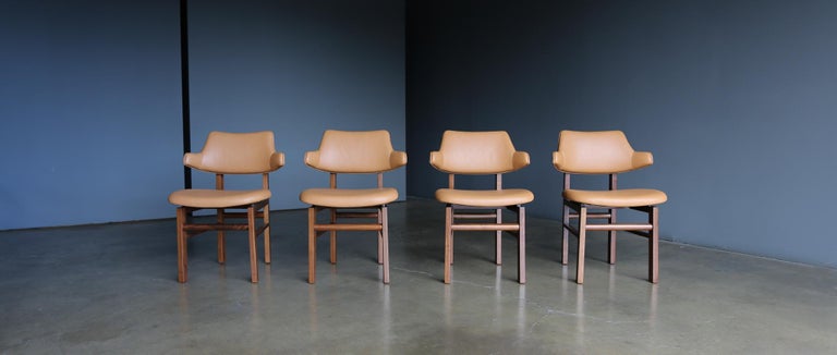 Mid-Century Modern Edward Wormley Walnut and Leather Model 675 Dining Chairs for Dunbar, circa 1955 For Sale