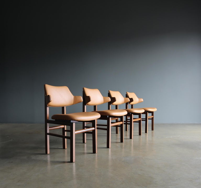 Brass Edward Wormley Walnut and Leather Model 675 Dining Chairs for Dunbar, circa 1955 For Sale
