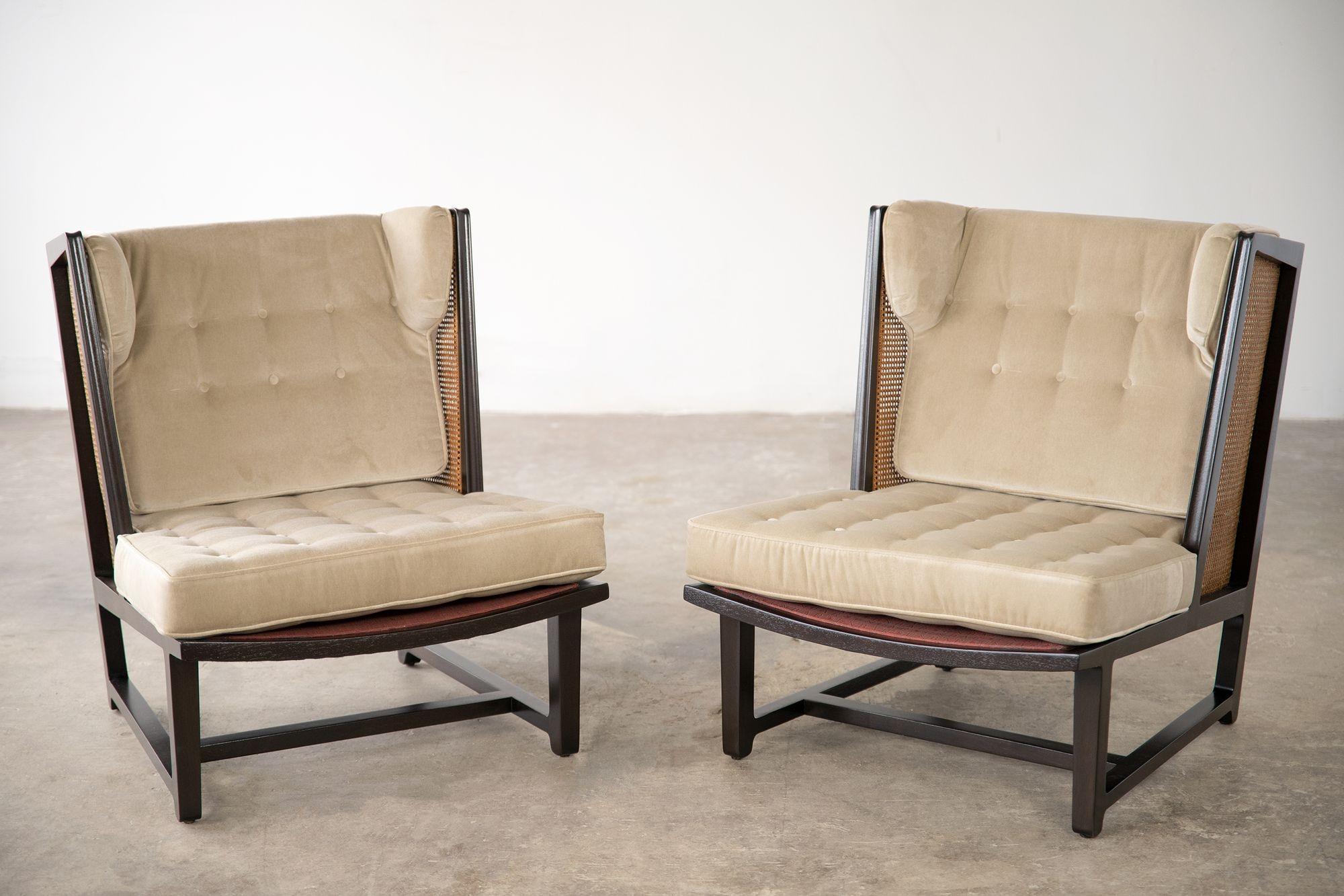 Mid-Century Modern Edward Wormley Wing Lounge Chairs for Dunbar Model 6016 Pair in Cane & Mahogany