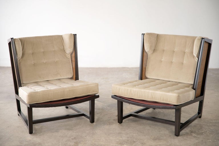 American Edward Wormley Wing Lounge Chairs for Dunbar Model 6016 Pair in Cane & Mahogany For Sale