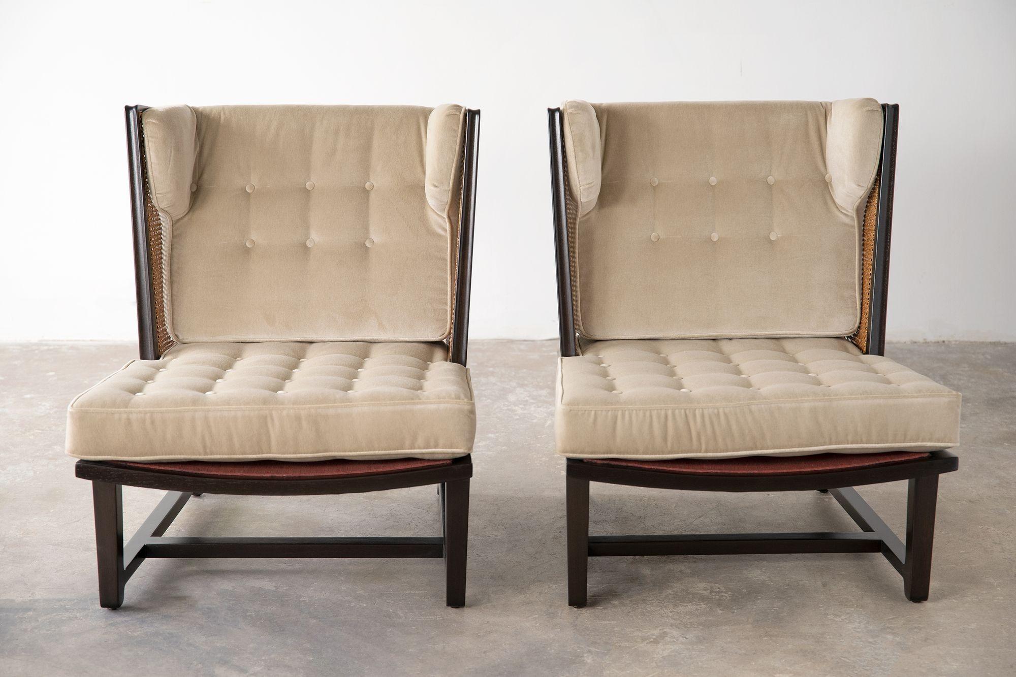 American Edward Wormley Wing Lounge Chairs for Dunbar Model 6016 Pair in Cane & Mahogany