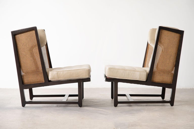 Edward Wormley Wing Lounge Chairs for Dunbar Model 6016 Pair in Cane & Mahogany In Good Condition For Sale In Dallas, TX