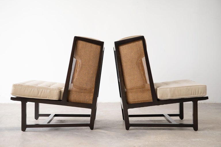 20th Century Edward Wormley Wing Lounge Chairs for Dunbar Model 6016 Pair in Cane & Mahogany For Sale