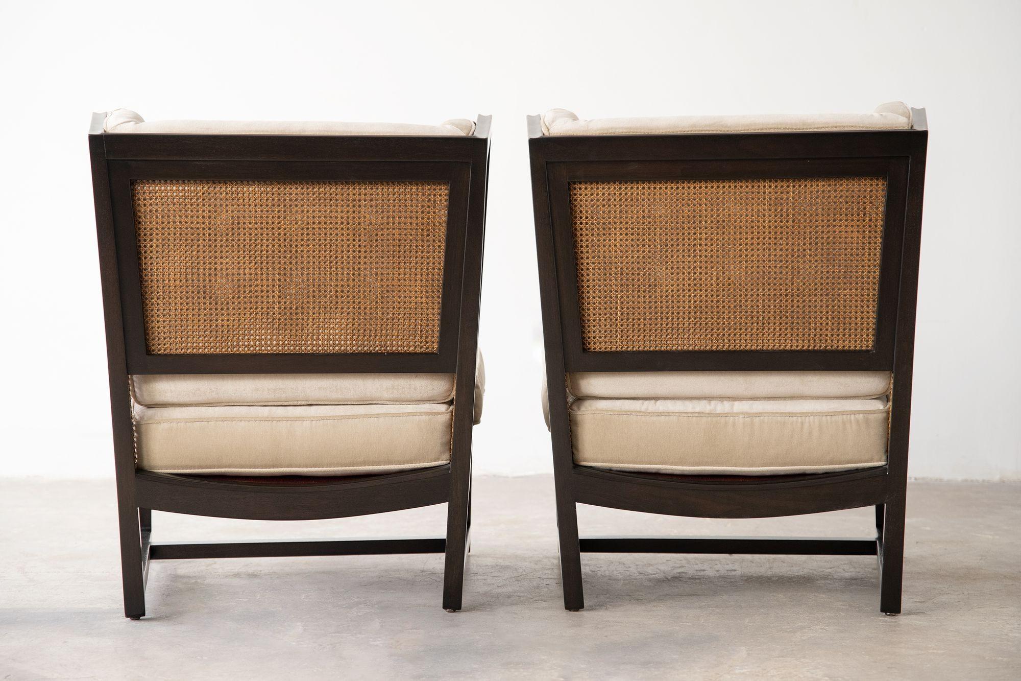 20th Century Edward Wormley Wing Lounge Chairs for Dunbar Model 6016 Pair in Cane & Mahogany