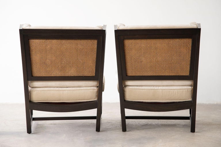 Velvet Edward Wormley Wing Lounge Chairs for Dunbar Model 6016 Pair in Cane & Mahogany For Sale