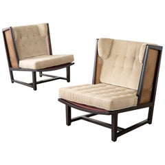 Paire de chaises longues à oreilles Edward Wormley pour Dunbar, modèle 6016 en rotin et acajou