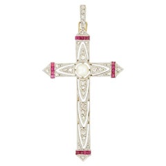 Edwardian 0.10ct Diamond Ruby and Pearl Cross Pendant, c.1910s