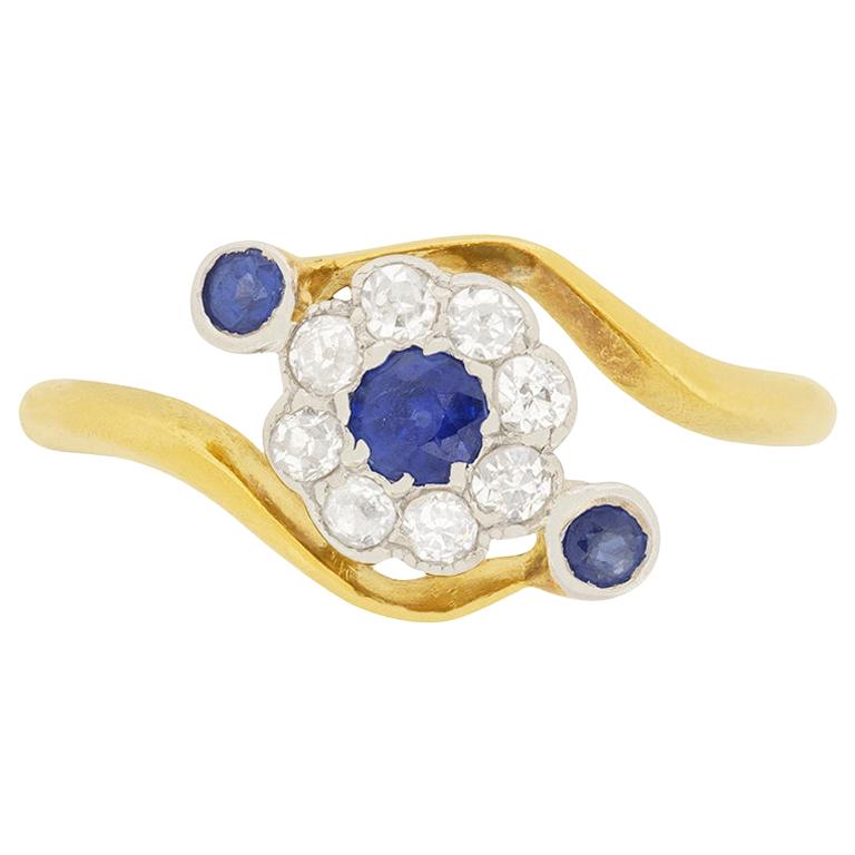 Bague Antique Or 18k Avec Diamant Et Saphir - Taille 53, Style Marquise Circa 1900
