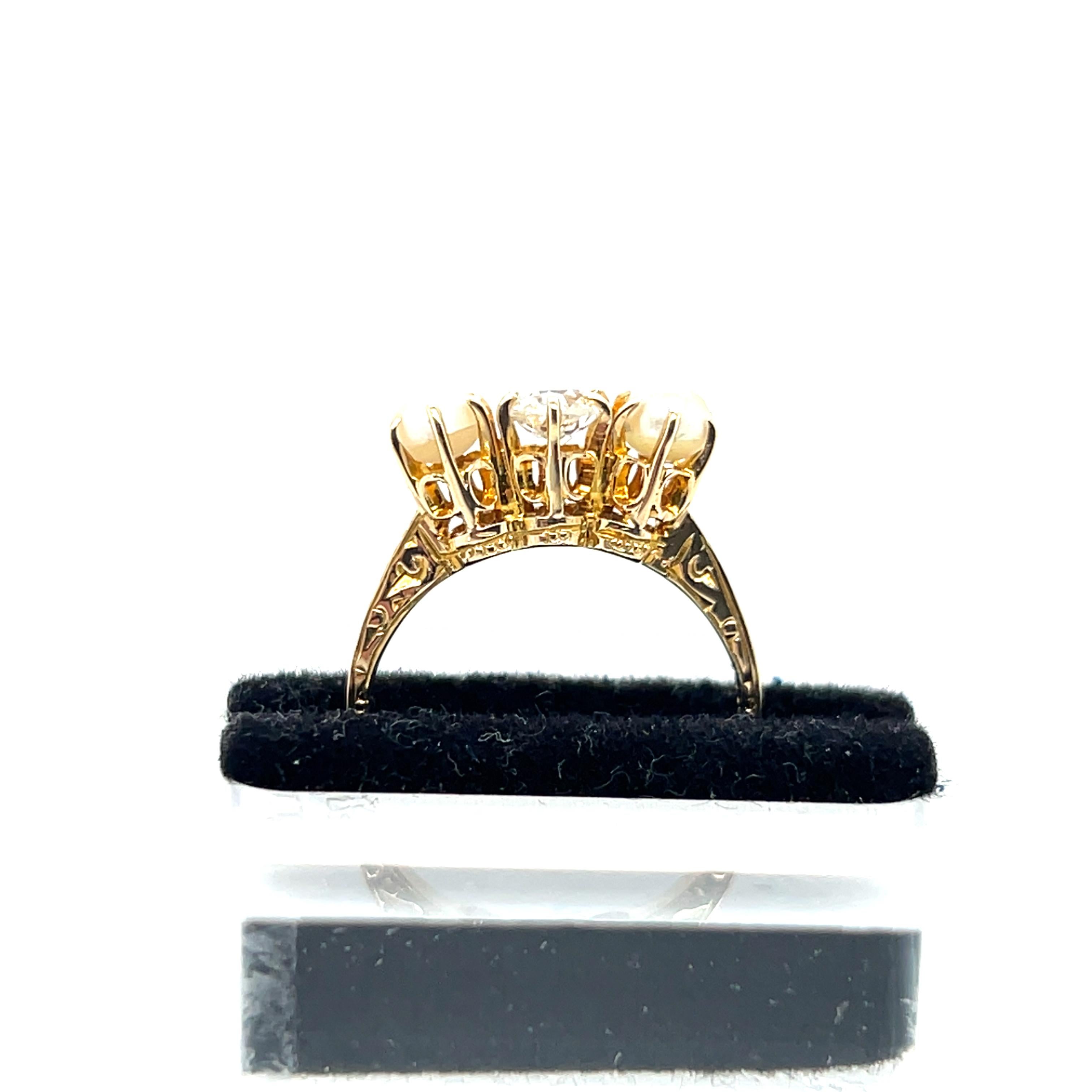 Bague édouardienne en or jaune 14k de 0,25 carat, diamant taillé à l'ancienne et perle Bon état - En vente à Towson, MD