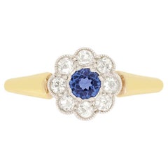 Antique Edwardian 0.25ct Sapphire and Diamond Daisy Cluster Ring, c.1910s