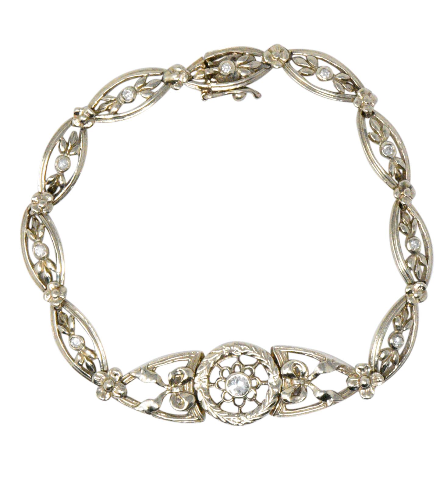 Women's or Men's Edwardian 0.30 Carat Diamond 10 Karat White Gold Floral Link Bracelet