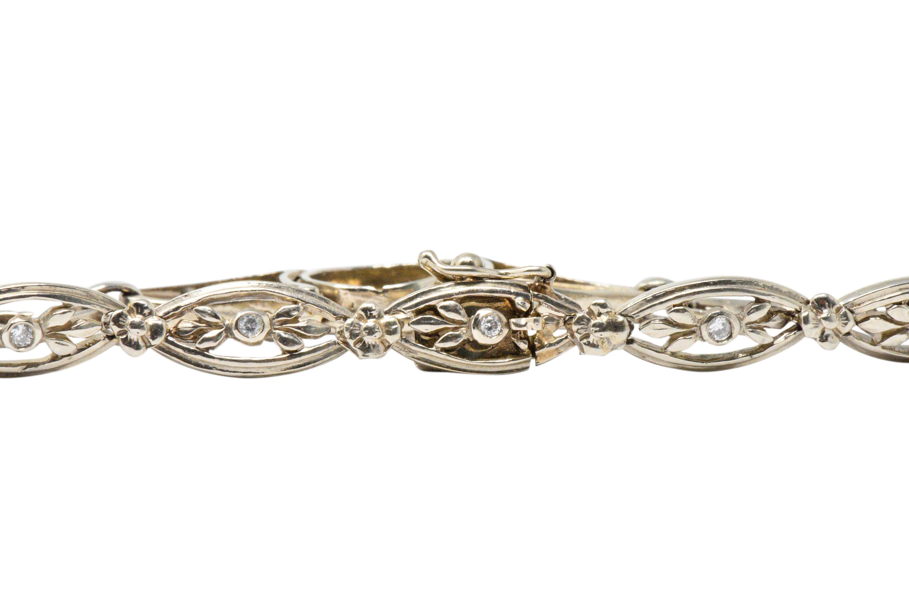 Edwardian 0.30 Carat Diamond 10 Karat White Gold Floral Link Bracelet 1