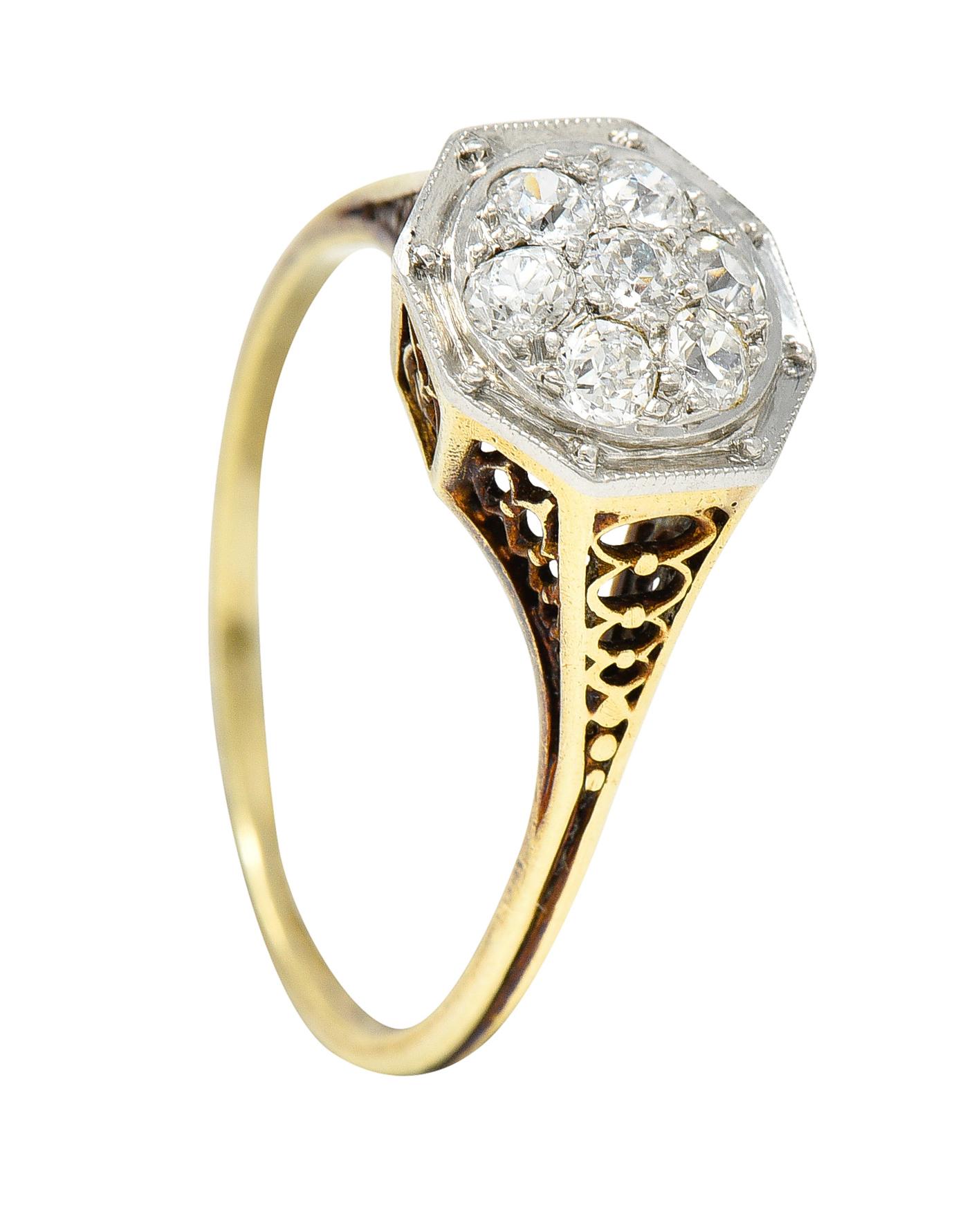 Edwardian 0.30 Carat Diamond Platinum-Topped 18 Karat Gold Octagonal Ring 6