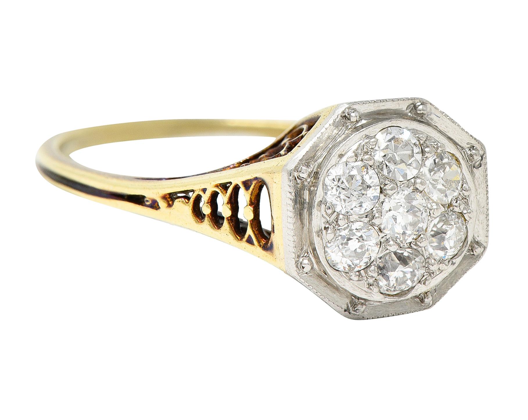 Old European Cut Edwardian 0.30 Carat Diamond Platinum-Topped 18 Karat Gold Octagonal Ring